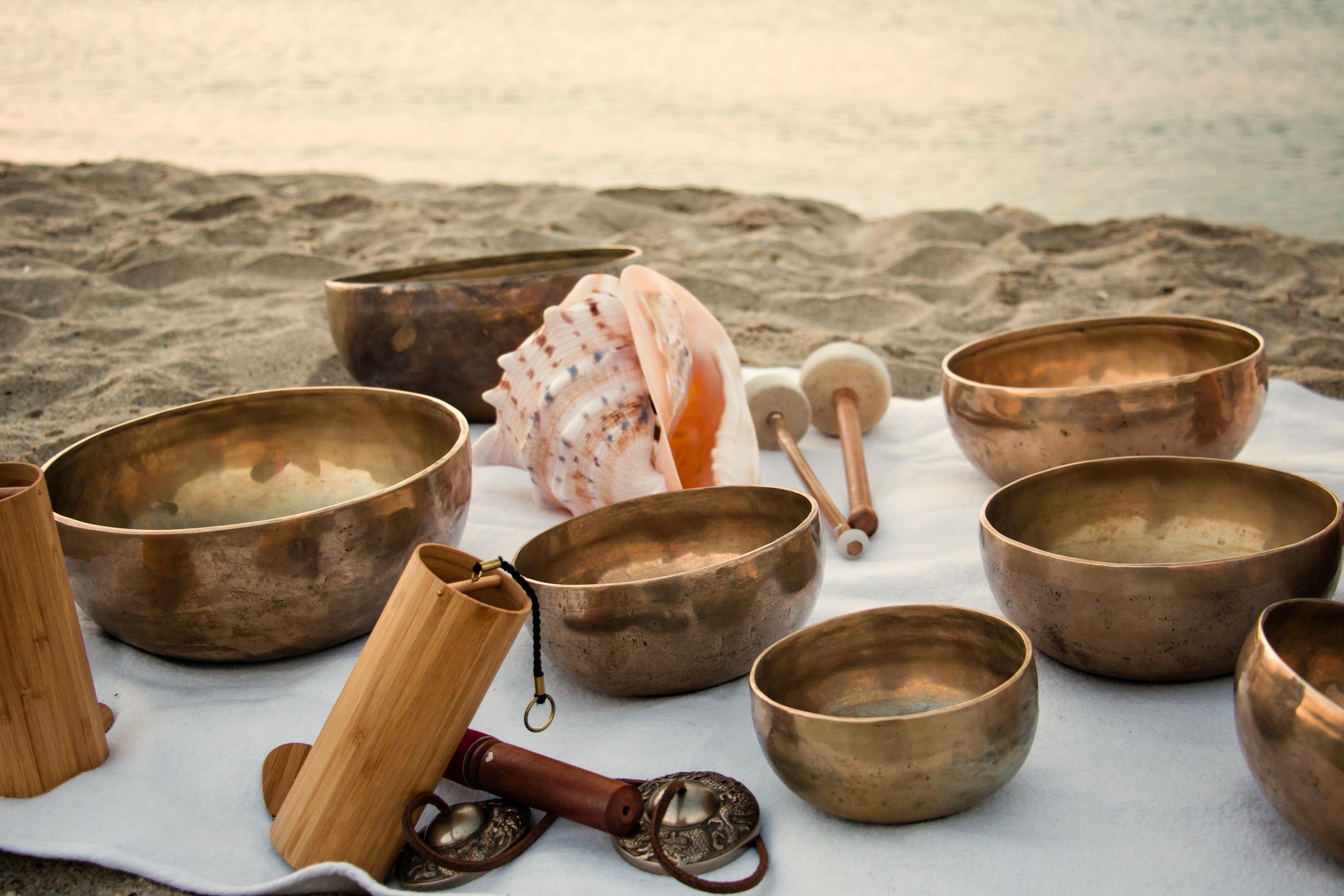 Meditation on the beach with Tibetan Singing bowls, Koshii,